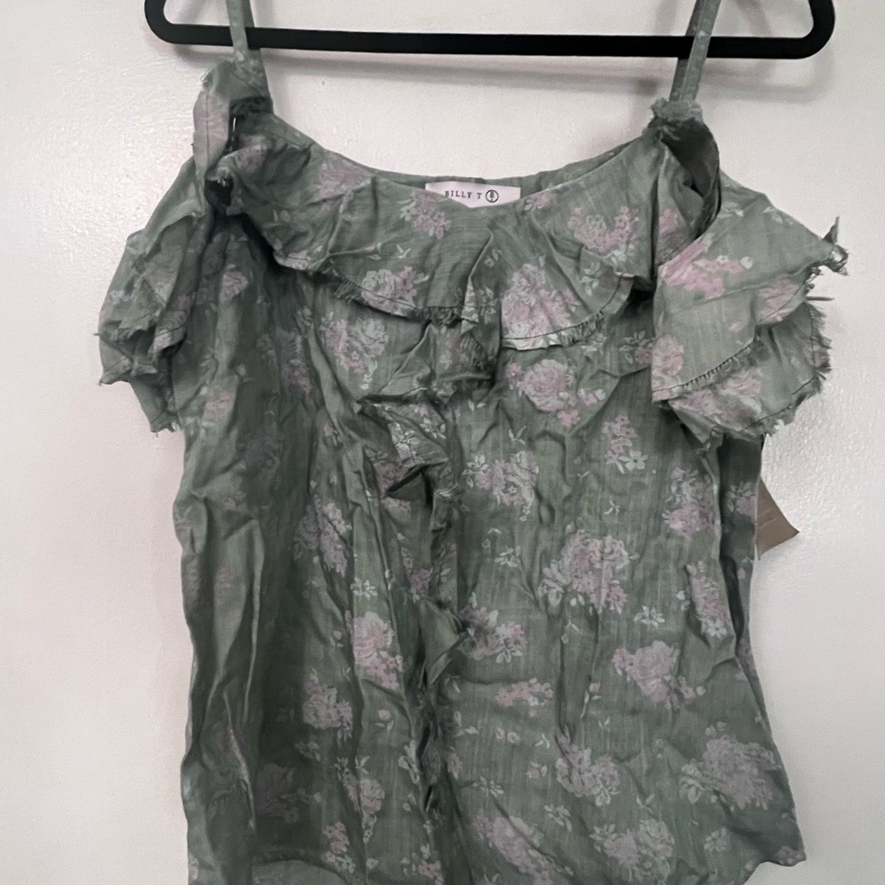 Billy T Sage/Gray Flutter Sleeve Blouse with Peter Pan Collar